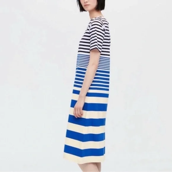 Uniqlo x Marni Blue Stripe Cotton Short Sleeve Midi Dress Size Large - Picture 2 of 11